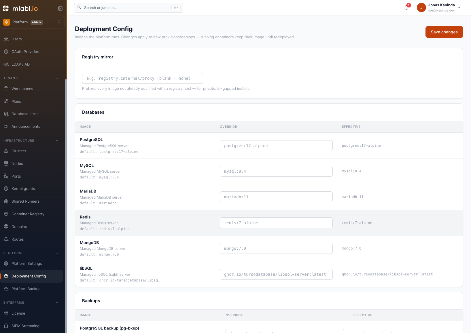 Platform image defaults and registry mirror