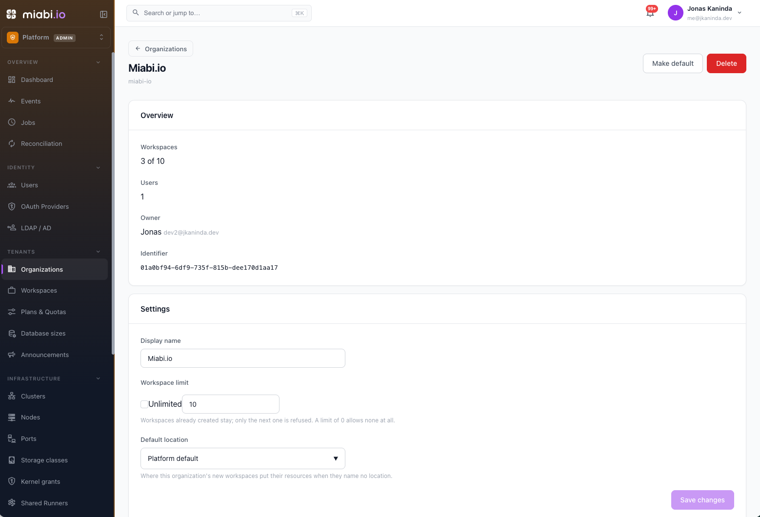 An organization's detail page