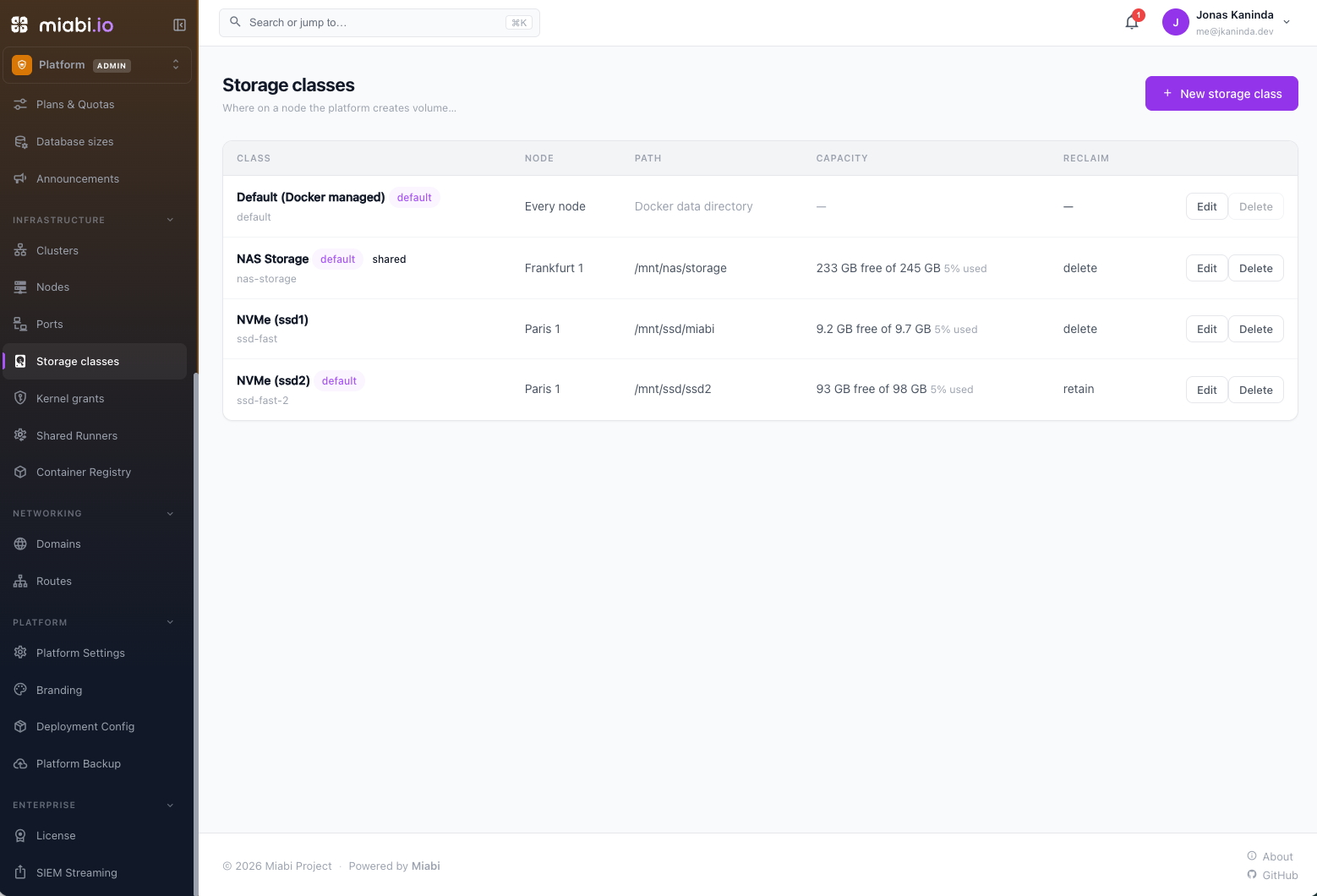 Storage classes registered on a node