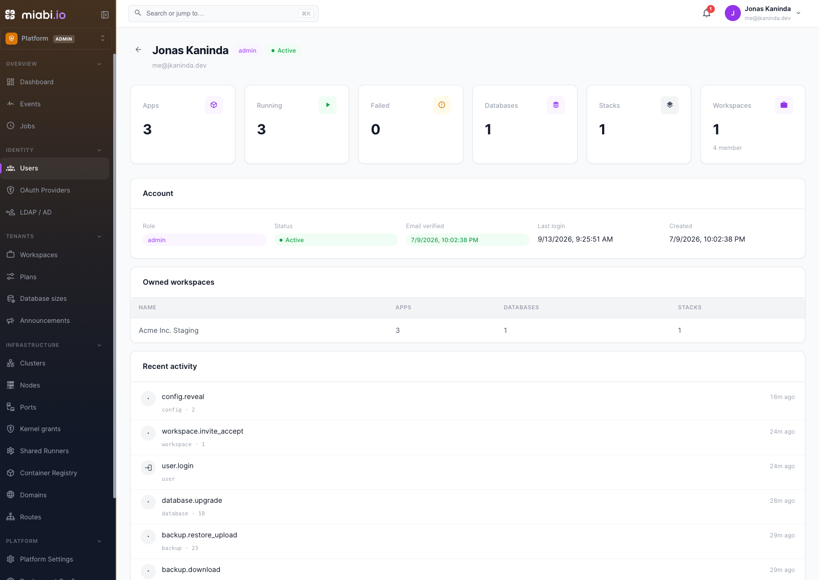 A user's detail page with account actions