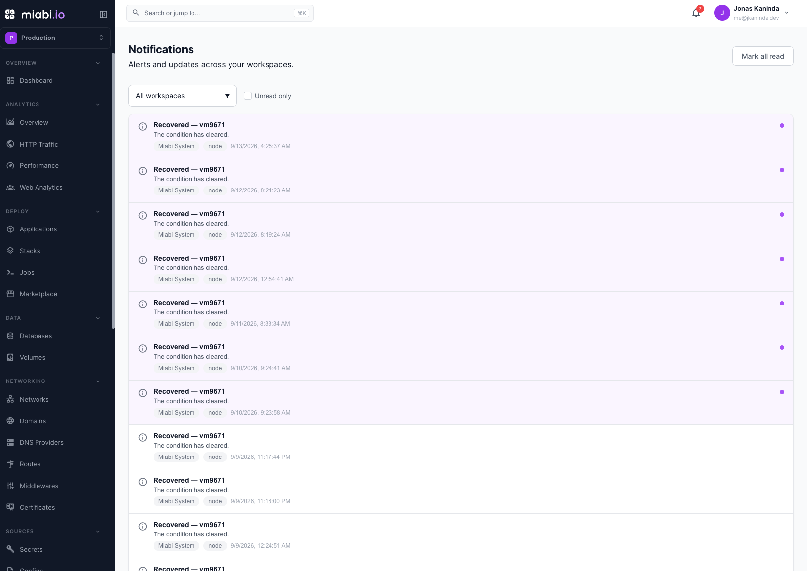The alerts view with an active alert and its history