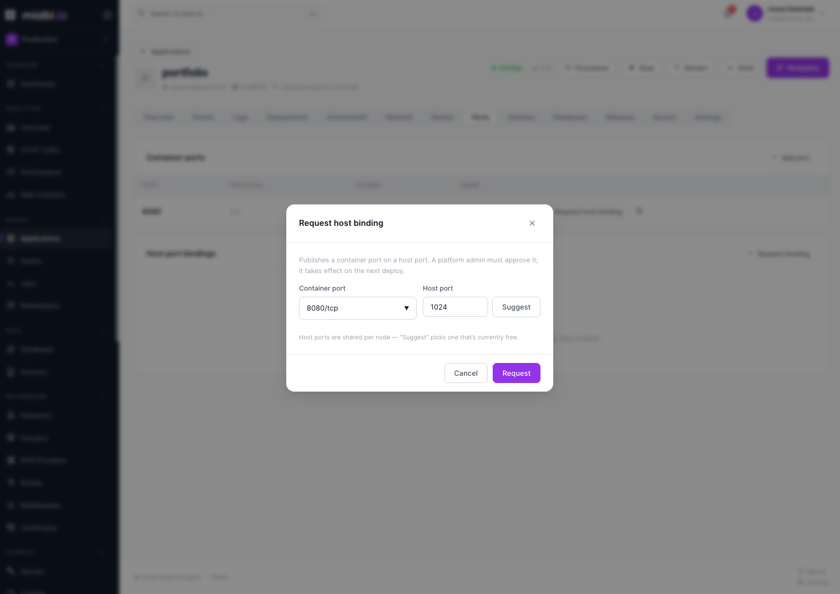 Requesting a host port binding