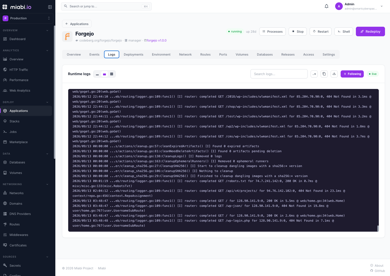 Live streaming container logs in the console