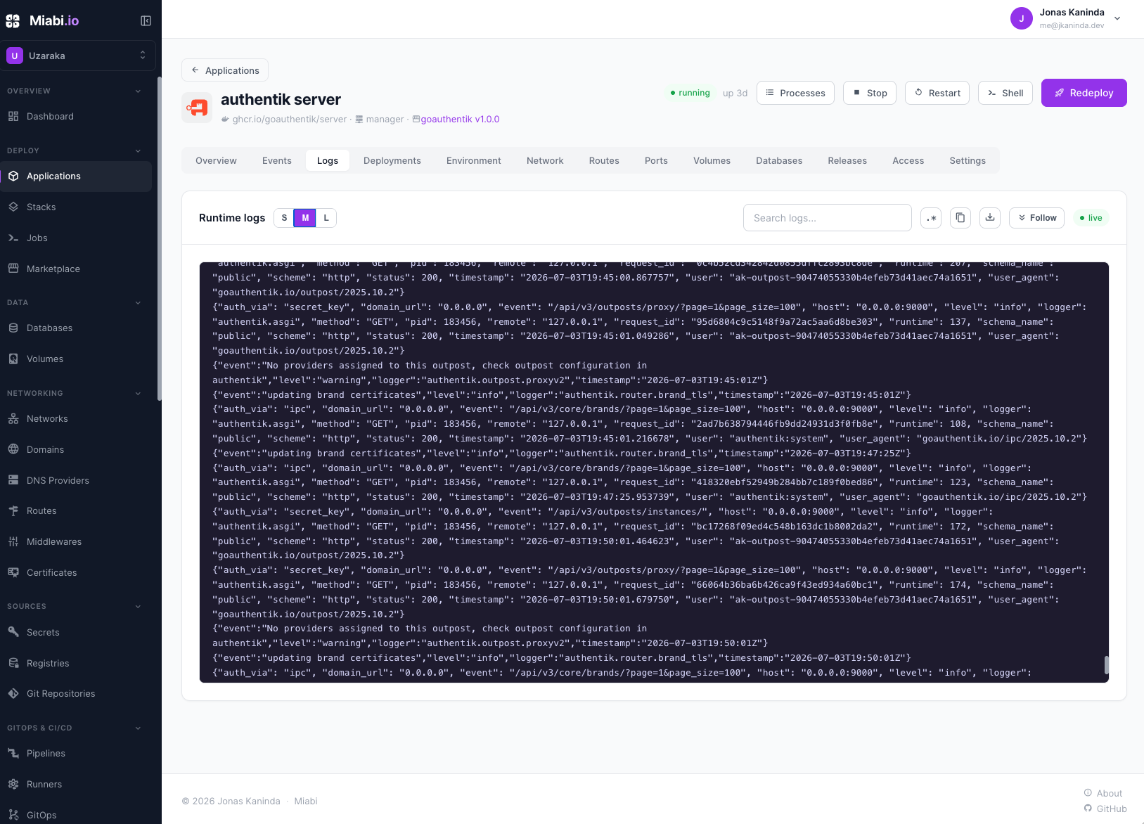 Live streaming container logs in the console