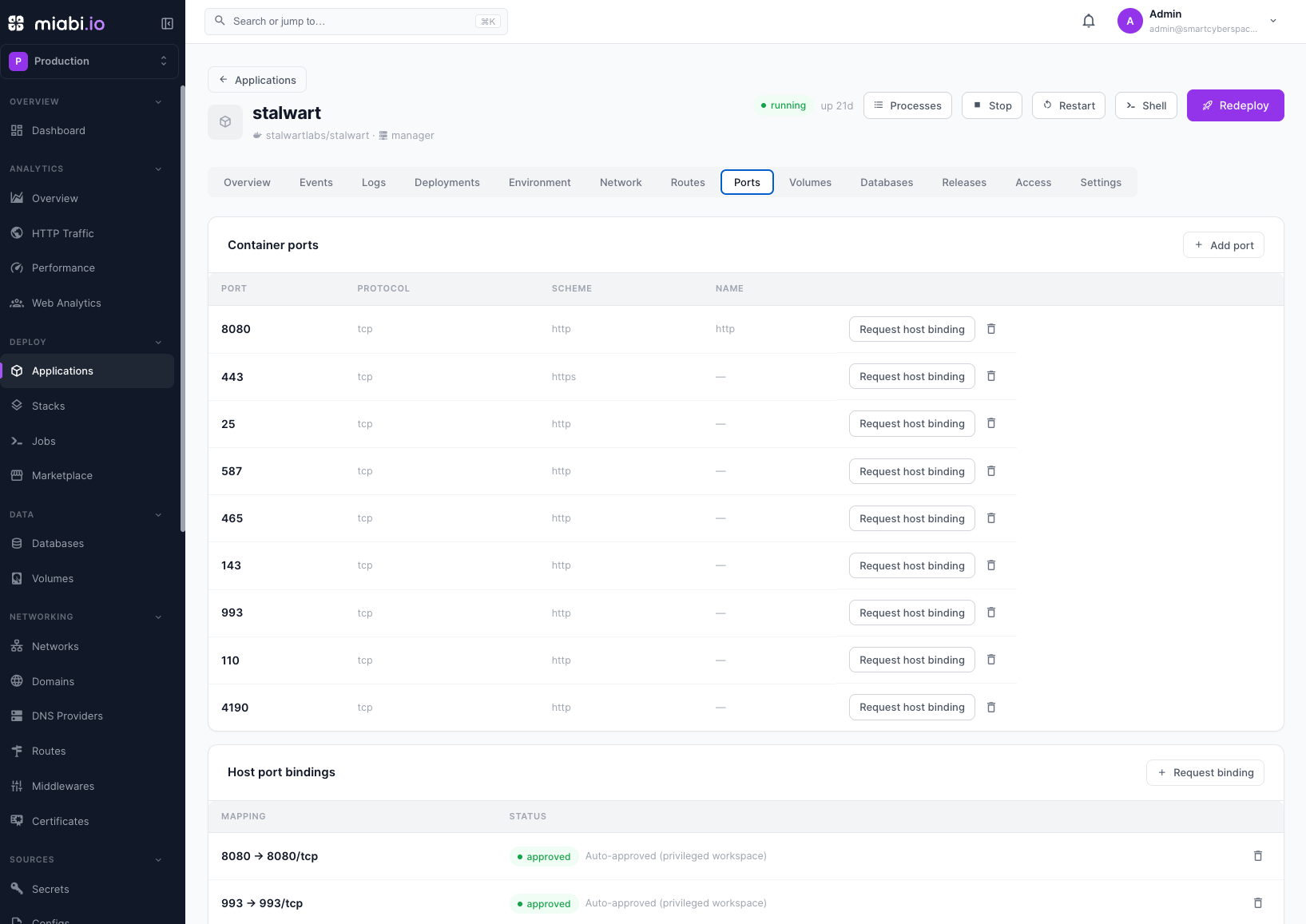 Declaring a container port in application settings