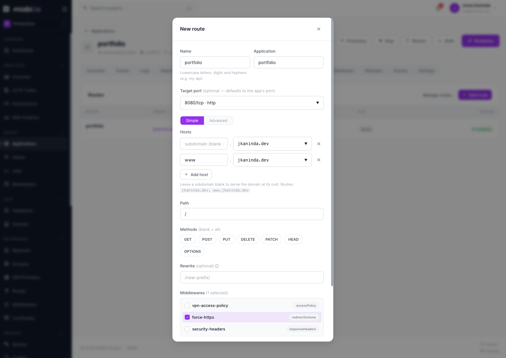Creating a route on an application