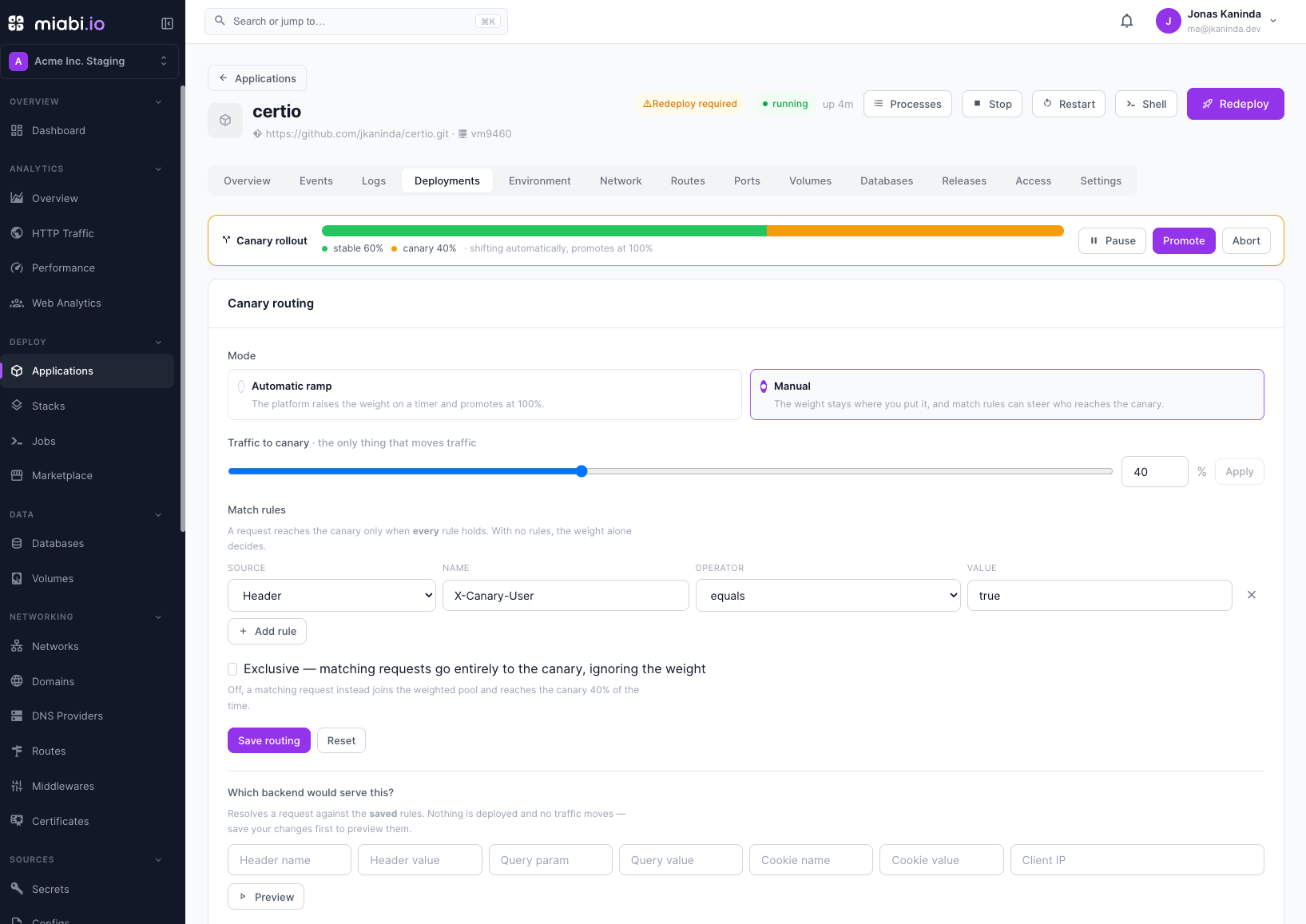 A canary rollout showing the traffic split with Pause, Promote and Abort