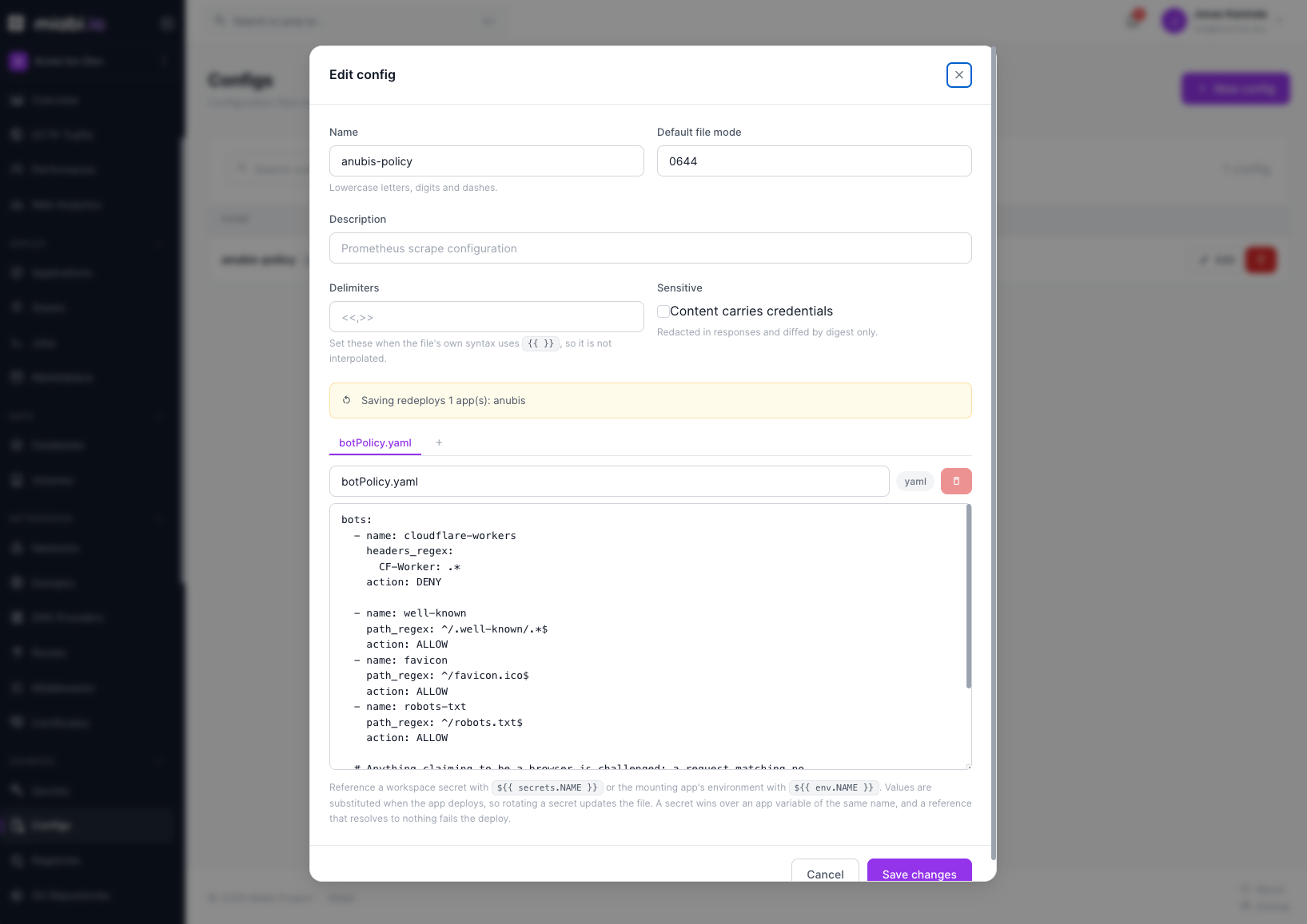 A configuration file set with its files and the apps mounting it