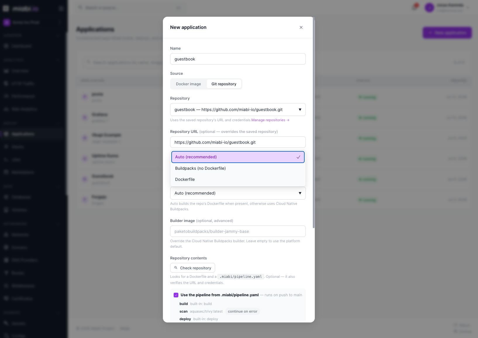 The deploy-from-Git configuration screen