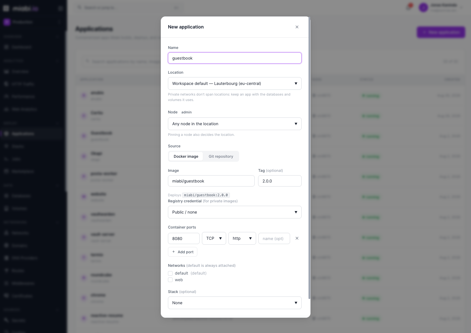 The deploy-from-image configuration screen