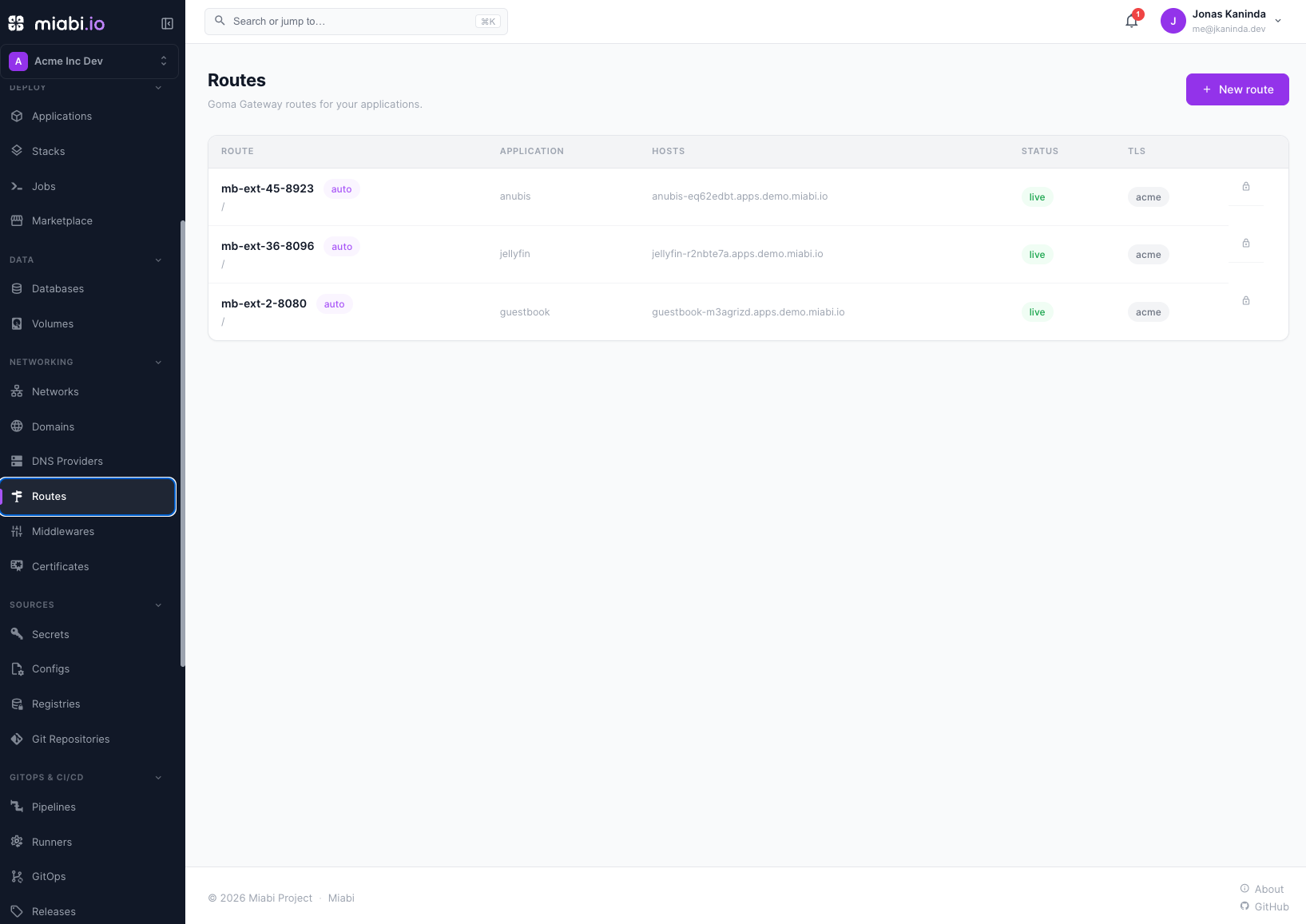 Routes listed under their domains, with sync status