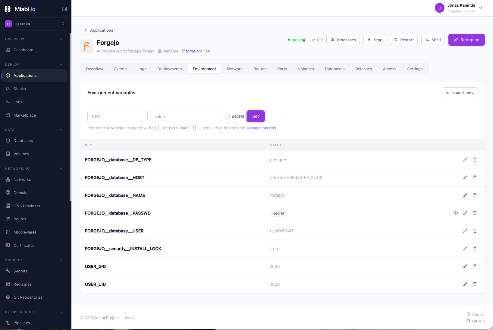 The environment variables and secrets editor