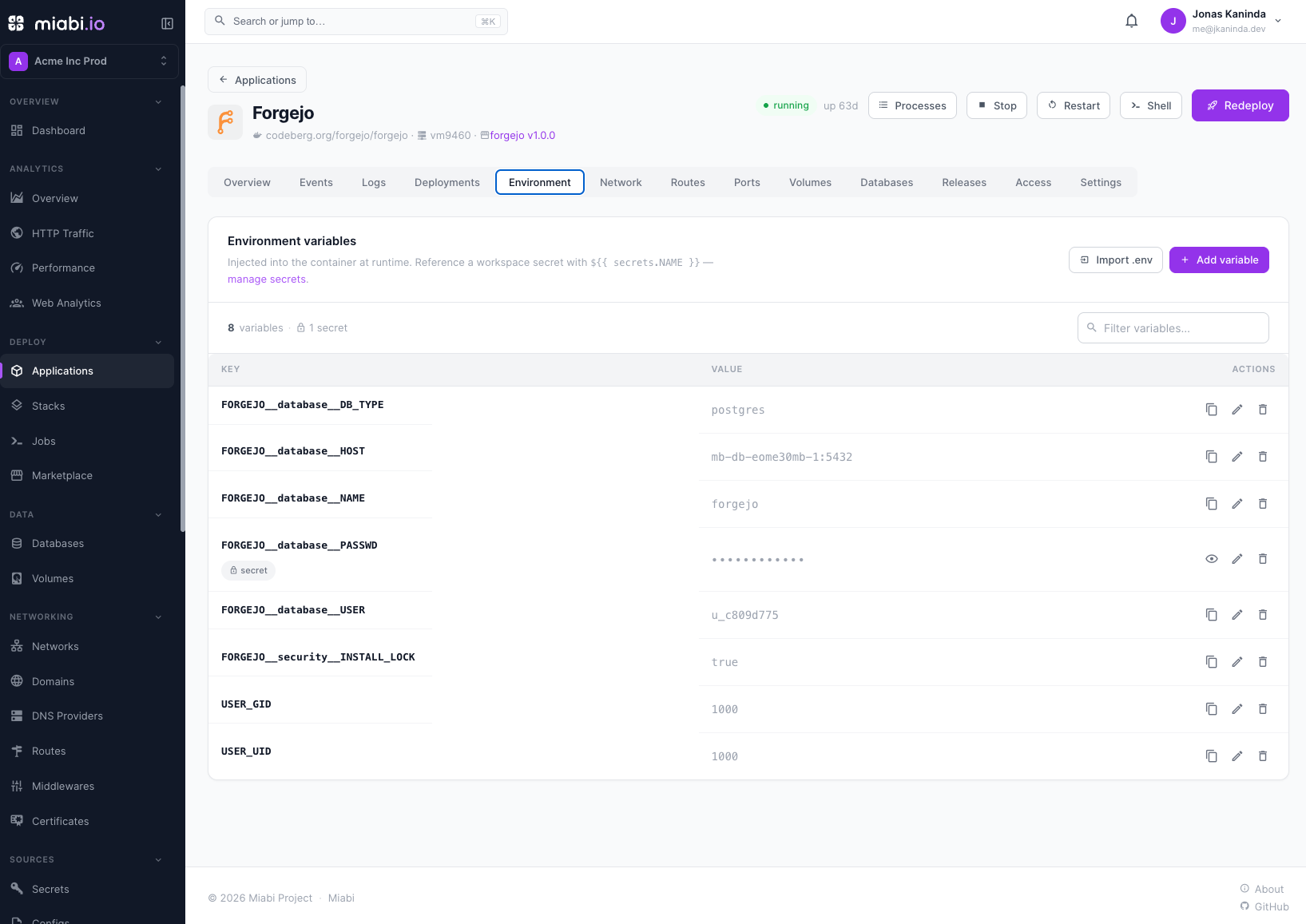 The environment variables and secrets editor