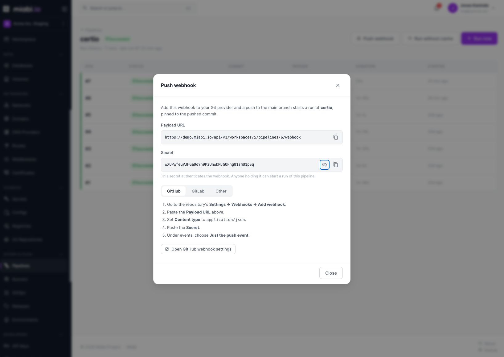 Push webhook setup for a pipeline