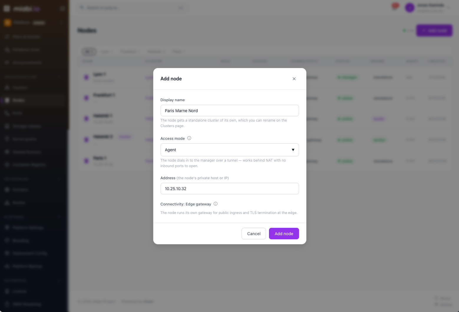 Add node dialog with a join token