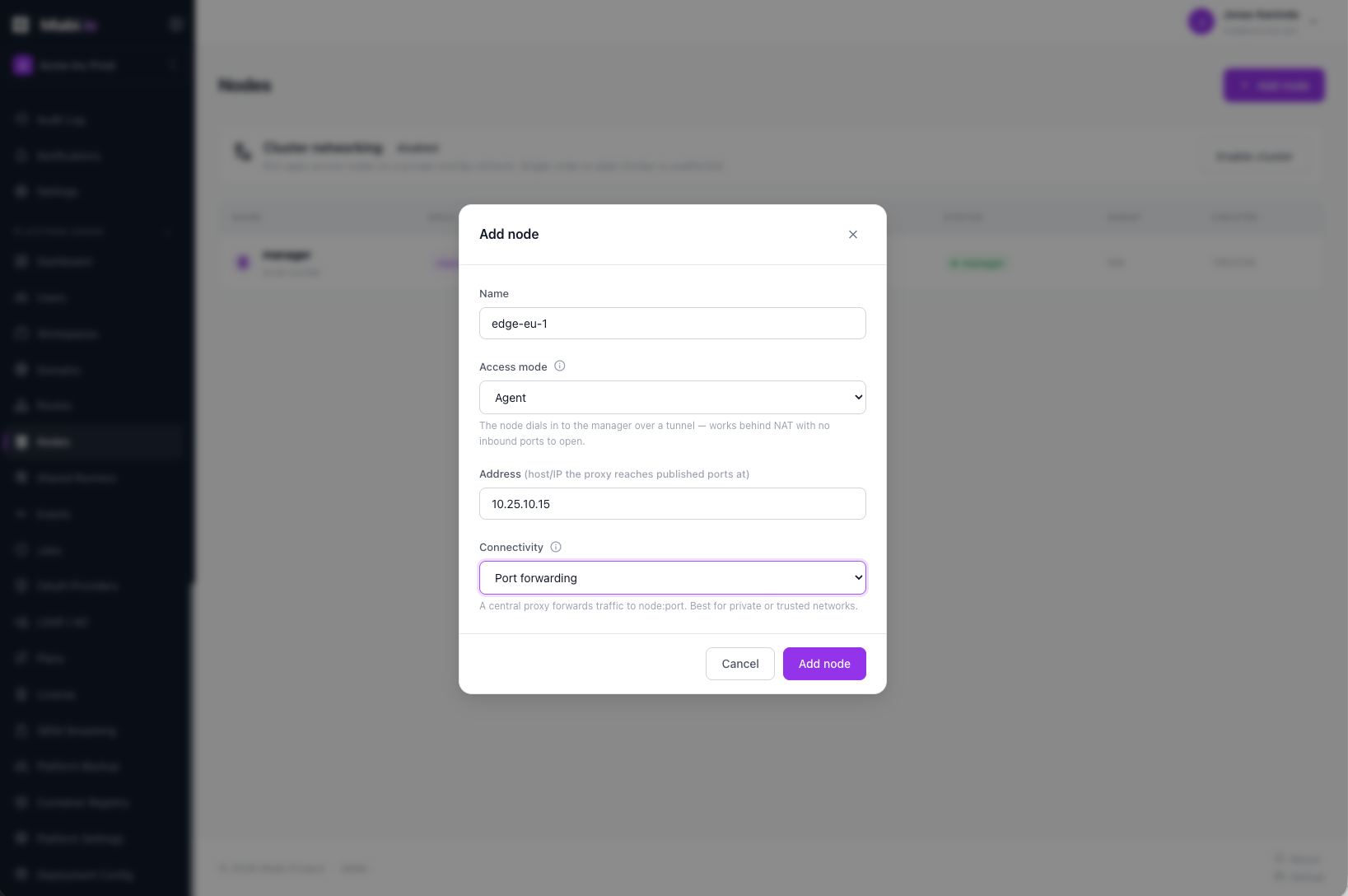 Add node dialog with a join token