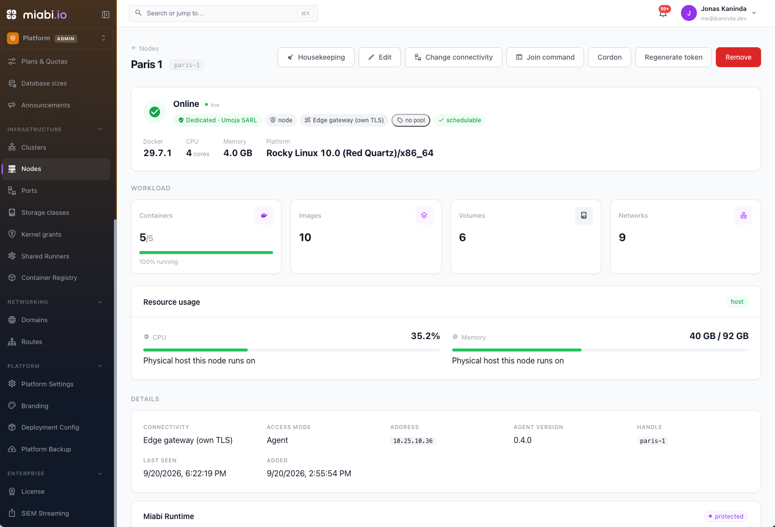 A node's agent status and connection details