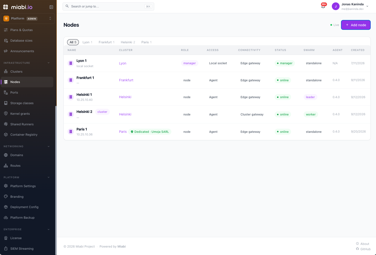 Nodes list in the Miabi console