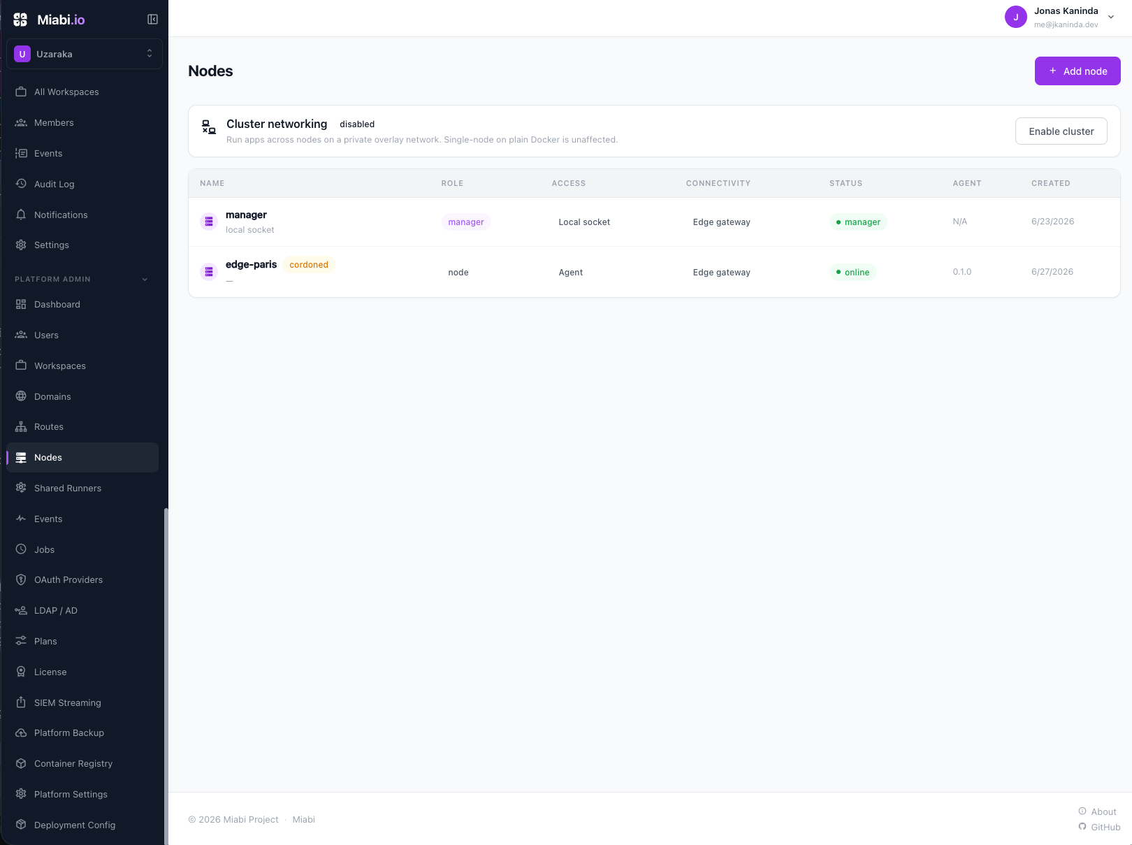 Nodes list in the Miabi console