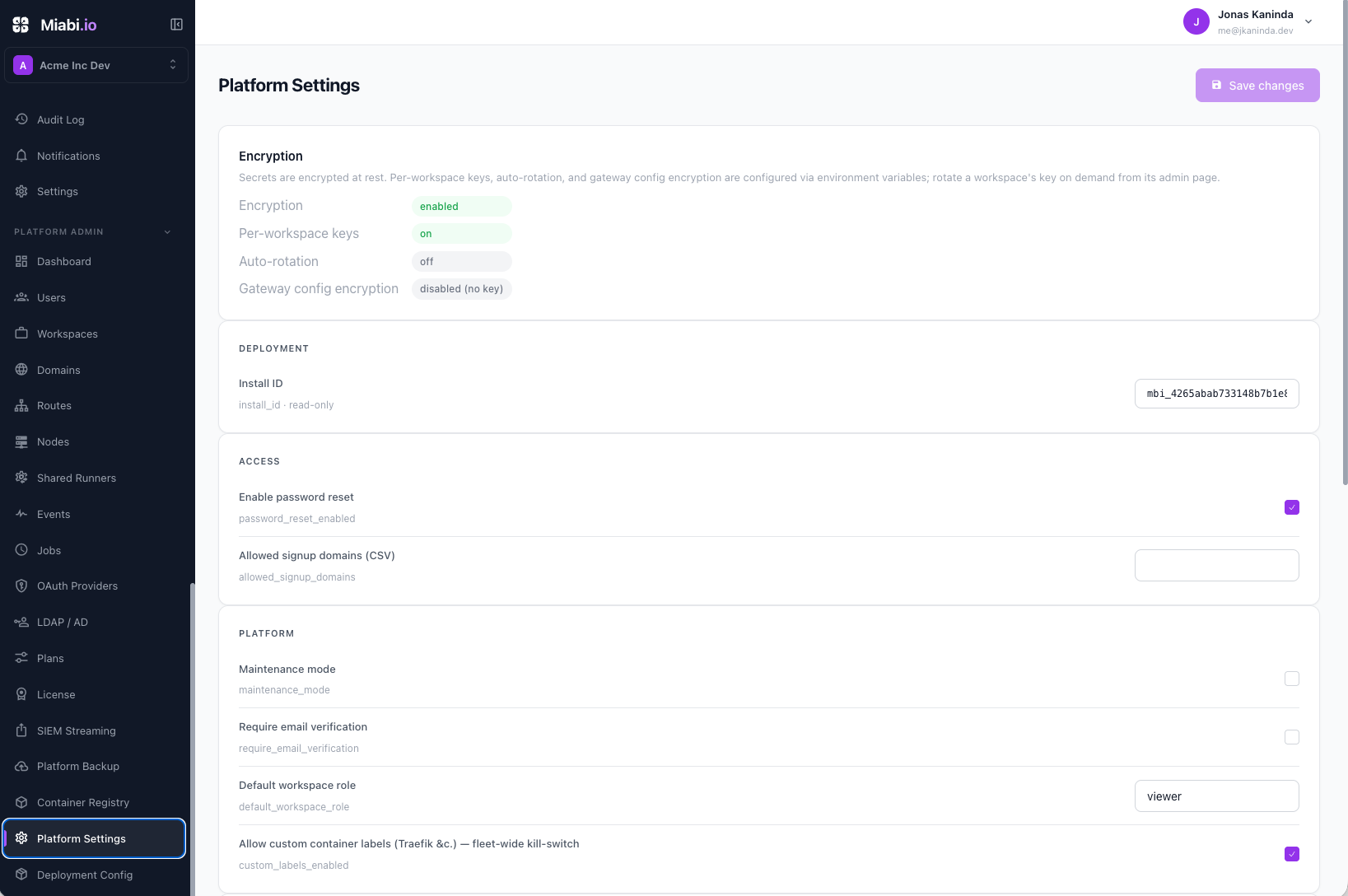 Platform settings