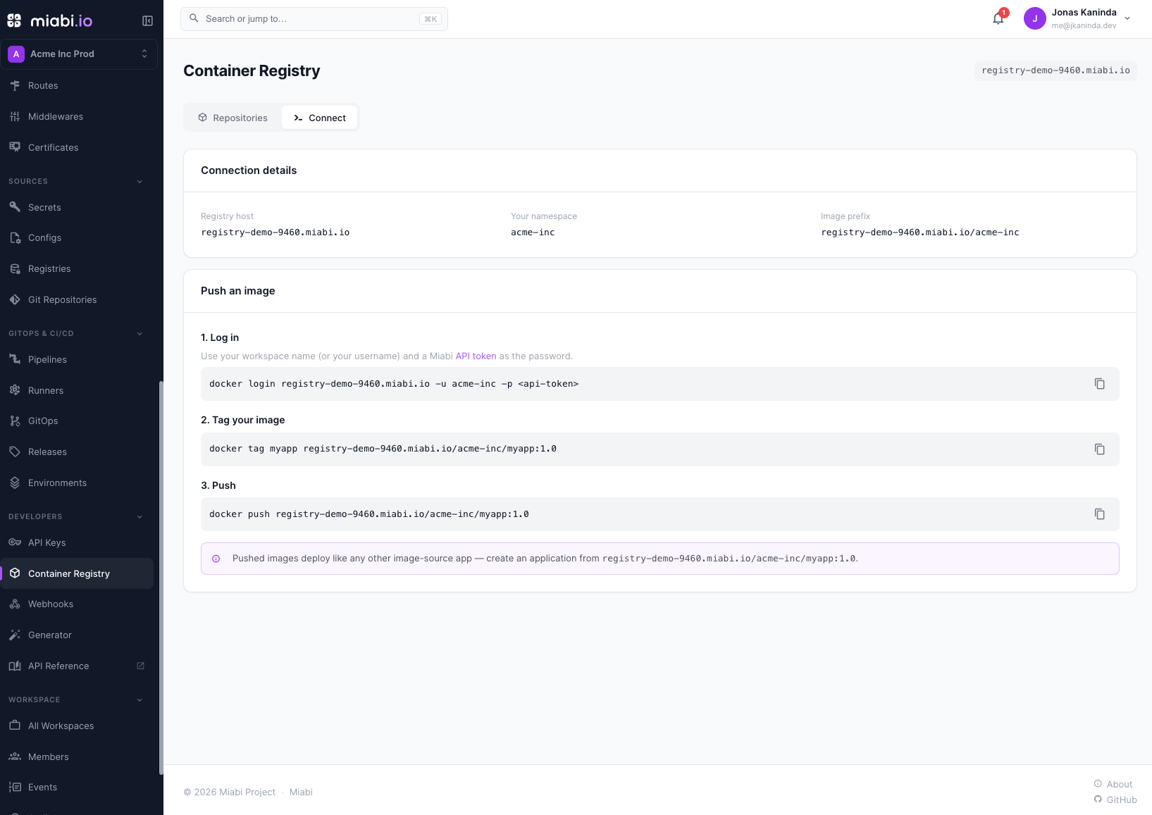 The built-in container registry listing a workspace's images