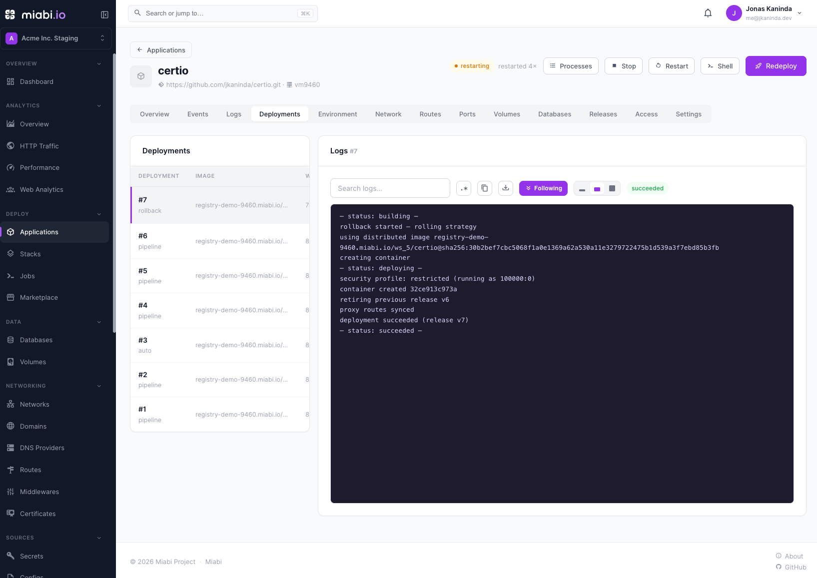The deployment history with release list and rollback controls