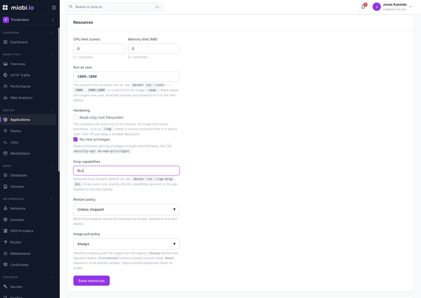 The workspace container security profile settings
